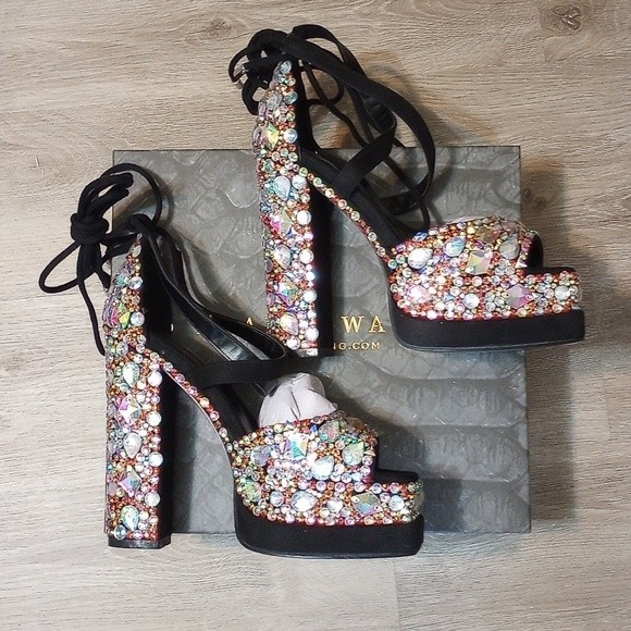 NIB Azalea Wang Brit Square Toe Strappy Platform Heel - Picture 13 of 16